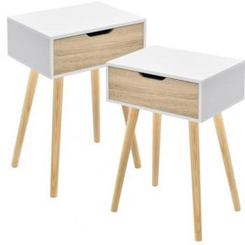 Conjunto de 2 Mesitas Auxiliares Östersund con Cajón - Blanco/Efecto Roble 60x40x30 cm