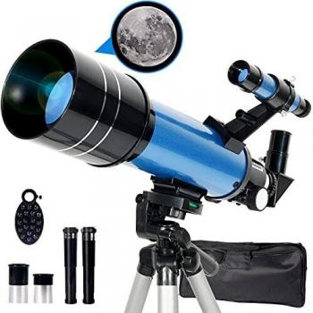 Upchase Telescopio Astronomico, Portátil y Potente Refractor Telescopio, Azul 400/70mm Zoom HD, Ajustable Trípode, Apto Adultos, Niños y Principiantes, Observer la Luna, Aves, Regalo para Niños