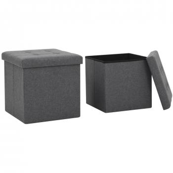 Pufs plegables con contenedor 2 piezas gris oscuro en lino sintético