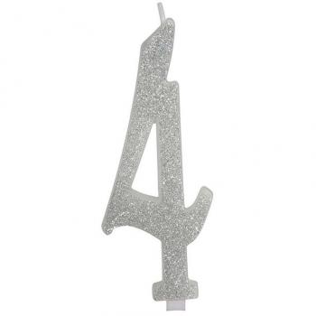Vela Escarchada Plata Número 4, de 12.5 cm