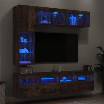 Mueble de Pared para TV 7 Piezas con Luces LED en Roble Ahumado