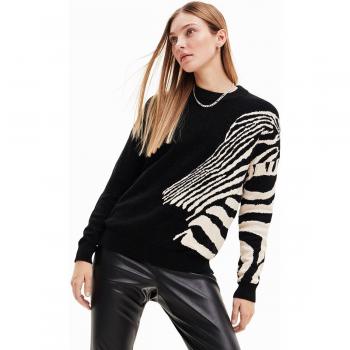 Desigual Chic Contrast Crew Neck Sweater - M, Round-neck Knitwear, female, Black, Size: M Oversized Long Sleeve Sweater with Zebra Design