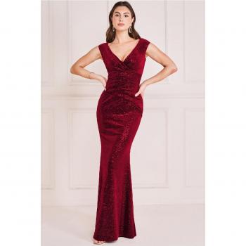 Goddiva Sequin & Velvet Bardot Maxi Dress - Wine