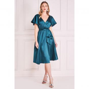 Goddiva Flutter Sleeve With Elastic Midi Dress - Emerald Green