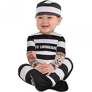 amscan- Disfraz de Prisionero pequeño con Sombrero y Mangas de Tatuaje, para niños de 0 a 6, 1 Unidad, Color negro, 0-6 meses
