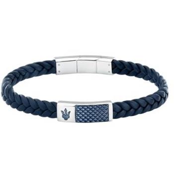 Pulsera de Hombre Maserati en Acero Plateado y Cuero Reciclado Azul 19+1cm