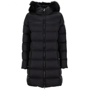 Colmar Women's Black Long Puffer Jacket with Fur Hood - Size 40