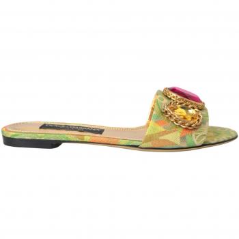 Dolce & Gabbana Green Crystal Jacquard Slingback Flats Sandals Shoes - EU38/US7.5