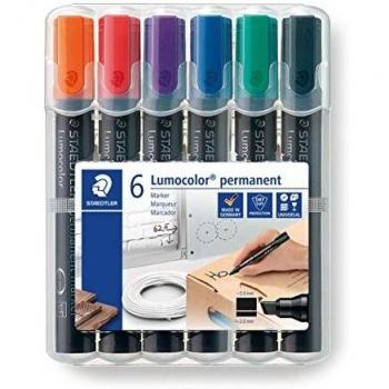 Staedtler Lumocolor Permanent Marker 350 WP6 - Marcador permanente punta biselada de 2-5 mm aprox. Estuche exclusivo STAEDTLER box con 6 rotuladores en colores surtidos