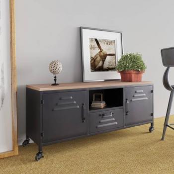 Mueble TV de hierro y madera maciza de abeto negro 110x30x43 cm