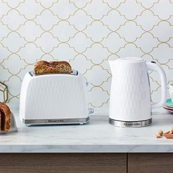 Tostadora Russell Hobbs Honeycomb 2 Rebanadas Blanca (Ranuras anchas, función de elevación alta, 6 niveles de dorado, funciones de congelar/cancelar/recalentar, bandeja para migas extra