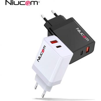 Cargador Niucom de carga rápida 36W con doble puerto USB tipo C PD y USB A 3.0, adaptador de pared para smartphone con cable USB tipo C