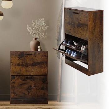 Mueble Zapatero Cofre de Madera Marrón Oscuro con 3 Compartimentos Abatibles - 120,5 x 60 x 24 cm