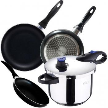 Juego de Sartenes San Ignacio Navy Black 16/20/24cm Antiadherentes en Aluminio Prensado + Olla a Presión de 6L Apta para Inducción y Todo Tipo de Cocinas