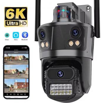 Cámara IP Exterior HD 6K Wifi con Tres Lentes, Tres Pantallas, PTZ, 6MP, Seguimiento Automático de Personas con IA, Videovigilancia iCsee 6K Cam