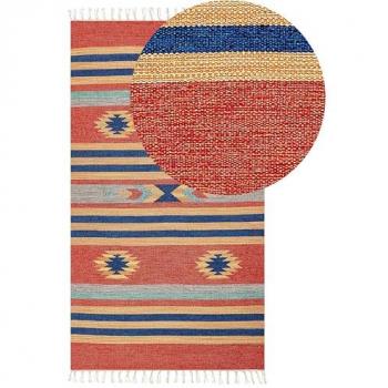 Alfombra Kilim de Algodón Multicolor 80 x 150 cm Tejida a Mano Reversible con Patrón Geométrico y Borlas