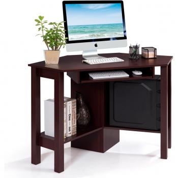 Costway Escritorio Esquinero de Aglomerado para Oficina y Hogar, Mesa de Ordenador Salva Espacio 120 x 77 x 60 cm Marrón, Diseño Moderno
