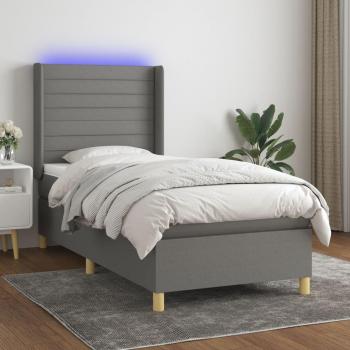 Cama box spring con colchón y luces LED, tela gris oscuro, 90x190 cm