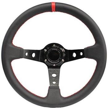MODAUTO Volante Deportivo Universal Desplazado de Piel Sintética PVC, Diámetro 350mm, Modelo G016, Color Negro y Costura Roja