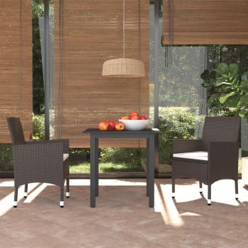 3-Piece Brown Poly Rattan Garden Dining Set with Cushions