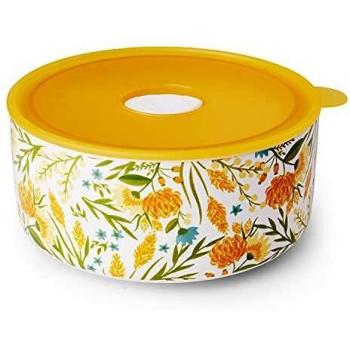 Bol Ceramica | Cuenco de Porcelana Hermético con Tapa | 0.75 litros, 15 x 15 x 7 cm | Apto para Microondas y Lavavajillas - Amarillo