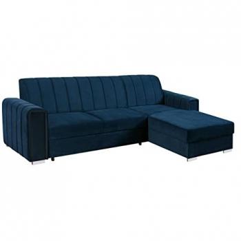 Sofá rinconero Columbus 166, azul, con función de descanso y caja de ropa de cama, 260 x 86 x 183 cm