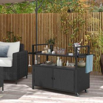 Tempered Glass Top Black Outdoor Serving Bar Cart