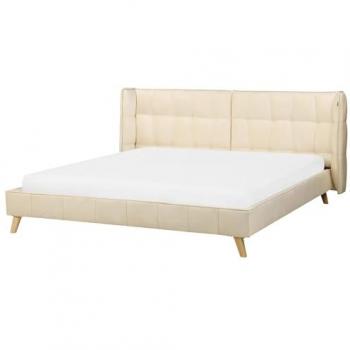 Cama tapizada en terciopelo beige con cabecero ajustable y patas de madera clara 180 x 200 cm Senlis