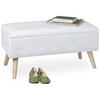 Baúl Almacenamiento de Terciopelo Acolchado, 40L, con Patas de Madera y Asiento, 41x80x40 cm, Blanco