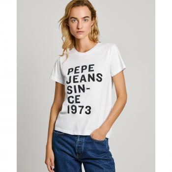 Camiseta de mujer Pepe Jeans cuello redondo con maxi logo estampado, modelo Pl505962-800, color blanco