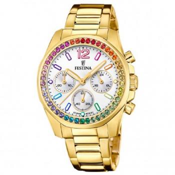 Reloj Festina para Mujer Rainbow F20609/2 con Caja de Acero Inoxidable 316L Dorado y Esfera Blanca