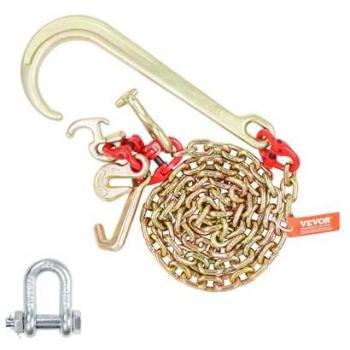 Heavy Duty G80 J Hook Tow Chain, 5/16 x 6', 5400 lbs Capacity with RTJ Cluster and Grab Hooks