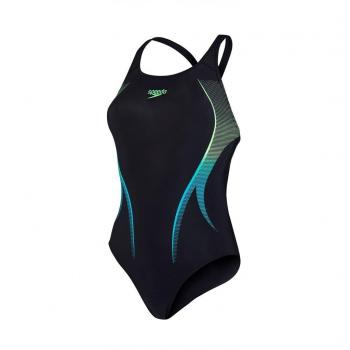 Speedo Bañador para mujer activeturn Placement Powerback – Negro/Fluo Verde/acuario, tamaño 32