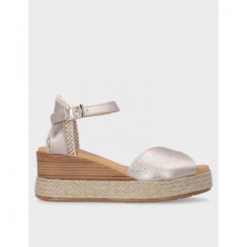 Sandalia Cuña Pitillos 5521 Oro con Plataforma de Esparto y Madera