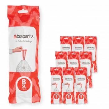 Bolsas de Basura Brabantia PerfectFit Código B, 5L, Paquete Multipack de 200 Bolsas, Plástico Grueso con Asas de Cuerda