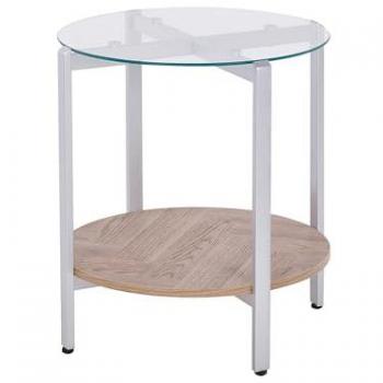 Mesa auxiliar moderna Lovell con tablero de vidrio templado, estructura de metal plateado y 1 estante de madera clara