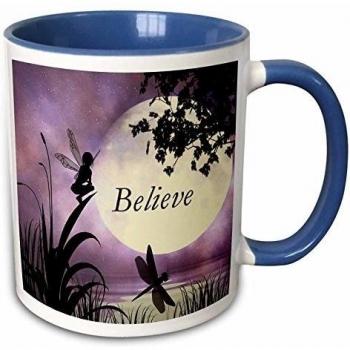 Mensuk Believe, Fairy with Dragonflies with Moon and Purple Sky Two Tone Black Mug, 11 oz, Black/White
