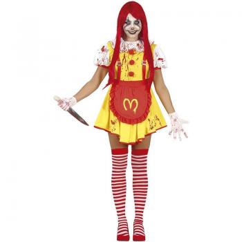 Disfraz de Payasa de Hamburguesa Asesina para mujer - incluye vestido con diseño de hamburguesa, medias a rayas, peluca colorida y maquillaje temático