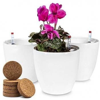 Zenakio - Lote de 3 Macetas Decorativas con Reserva de Agua y 6 Pastillas de Coco Incluidas, Blancas. Tiestos para Plantas con Indicador de Agua y Autorriego. Macetero para Plantas
