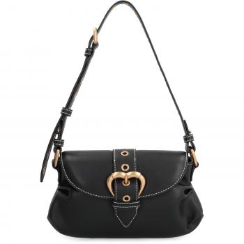 Pinko Jolene Piccola Leather Shoulder Bag in Black | 102802A1W9 Color Z99Q, Black Leather Shoulder Bag with Heart-Shaped Buckle, Sizes: ONE SIZE, Heart-shaped Leather Bag with Flap Closure, Size