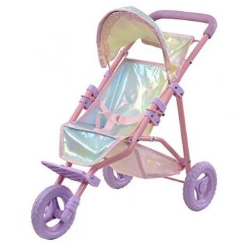 Olivia's Little World Doll Jogging-Style Pram, Pink/Grey, Multi Colour, Iridescent/Pink/Purple, 54cm H X 33cm W X 61cm D, with Canopy and Storage Underneath