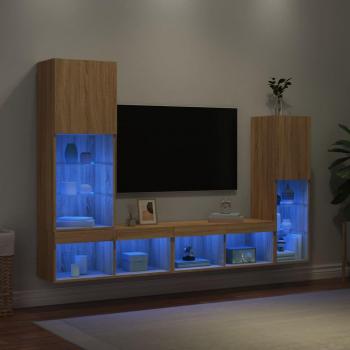 Mueble de TV de pared 4 piezas con LED en madera de ingeniería color roble sonoma