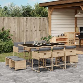 Set comedor de jardín 11 pzas con cojines ratán sintético beige
