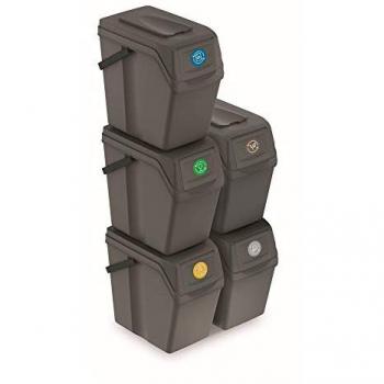 Juego de 5 cubos de reciclaje KEDEN SORTIBOX de plástico en color gris, volumen total 125L (5x25L), incluye asa