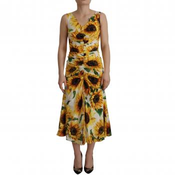 Dolce & Gabbana White Sunflower Print Sheath Midi Silk Dress - IT36|XXS, Multicolor, Floral Print, Size: 3XS