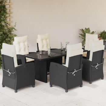 7-Piece Black Poly Rattan Garden Dining Set with Cushions