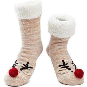 MaaMgic - Calcetines Pantuflas Antideslizantes de Invierno para Mujer Calcetines de Casa Cálidos con Forro Polar Divertidos para Navidad,Beige Reno