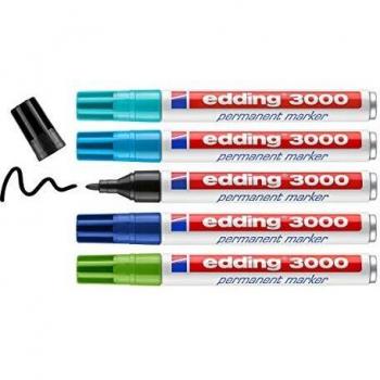 edding 3000 marcador permanente, 3x azul, 1x verde, 1x negro, juego de 5, punta redonda, indeleble de secado rápido, resistente al agua y a los borrones, cartón plástico madera metal, universal