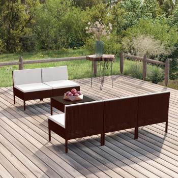6-Piece Brown Poly Rattan Garden Lounge Set with Cushions