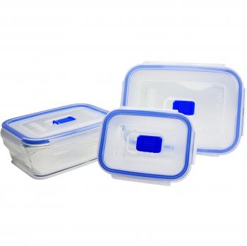 Luminarc x 3 Rectangulares Pure Box Active Set herméticos para Transporte y conservación, Recipientes Transparentes con Tapa translúcida y Detalles en válvula y Borde en Azul, 0,38 + 0,82 + 1,22 L